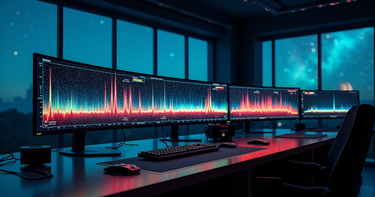 Espectro colorido de galáxia primitiva em tela de computador de observatório 