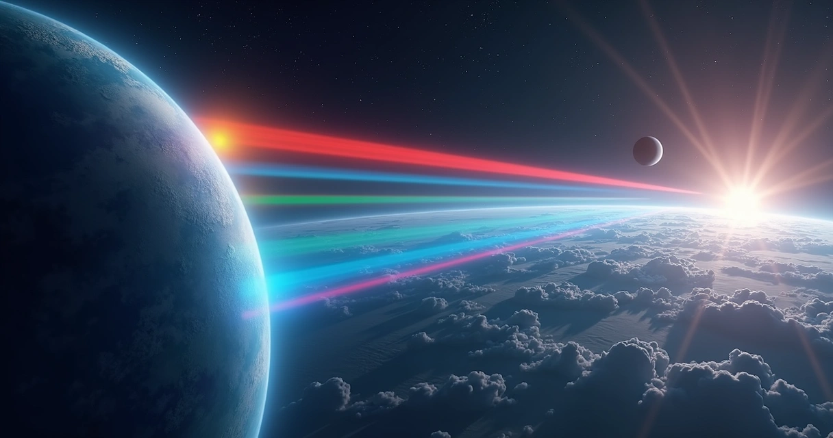 Luz atravessando atmosfera de exoplaneta com espectro sendo analisado 