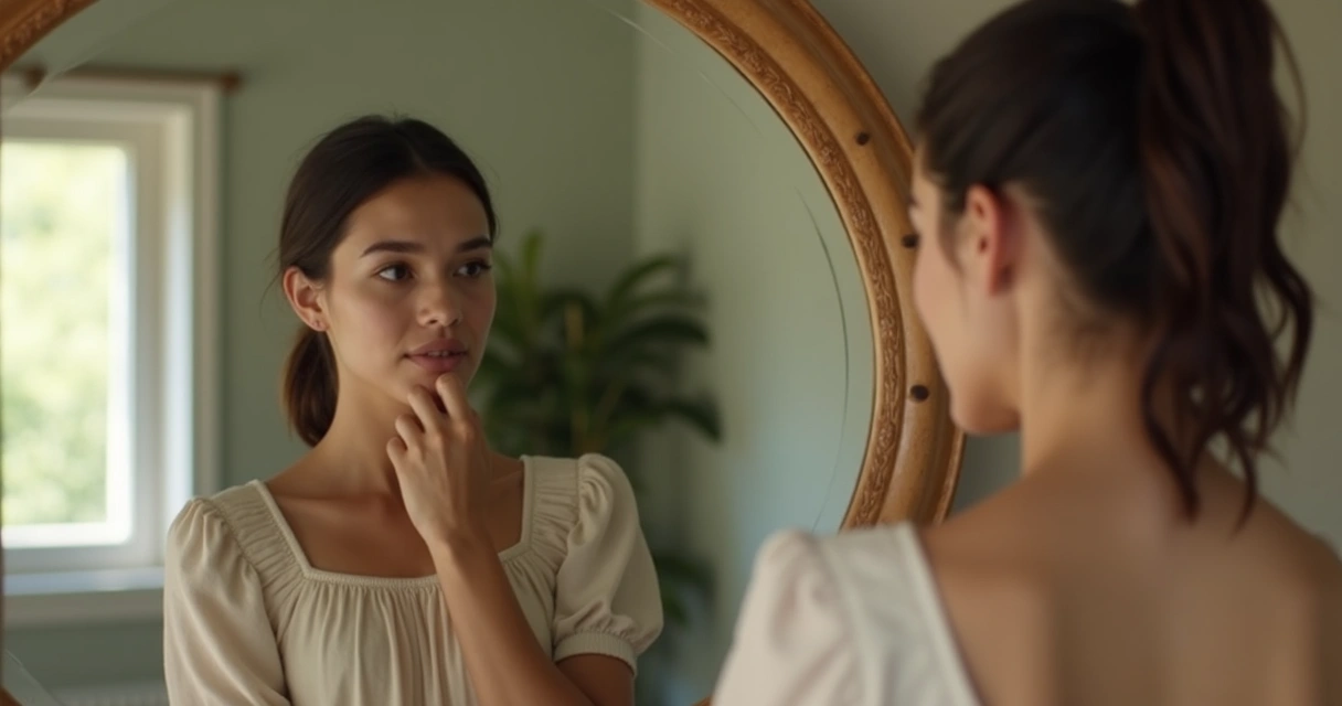 Mujer observándose al espejo reflexionando sobre su conducta 