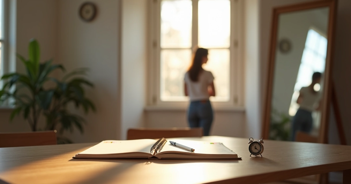 Persona frente a espejo con reflejo desenfocado y diario sobre la mesa 