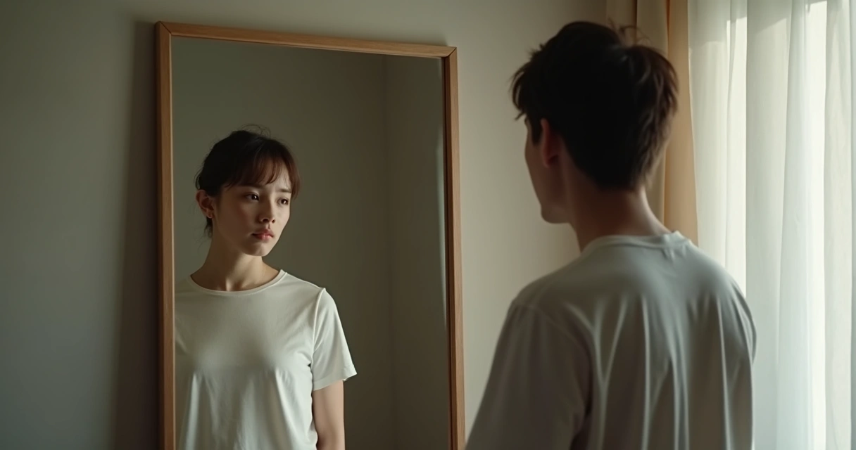 Persona pensativa mirando su reflejo en el espejo 