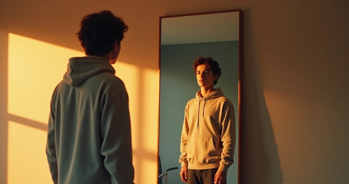 Persona mirando su reflejo en un espejo con expresión pensativa