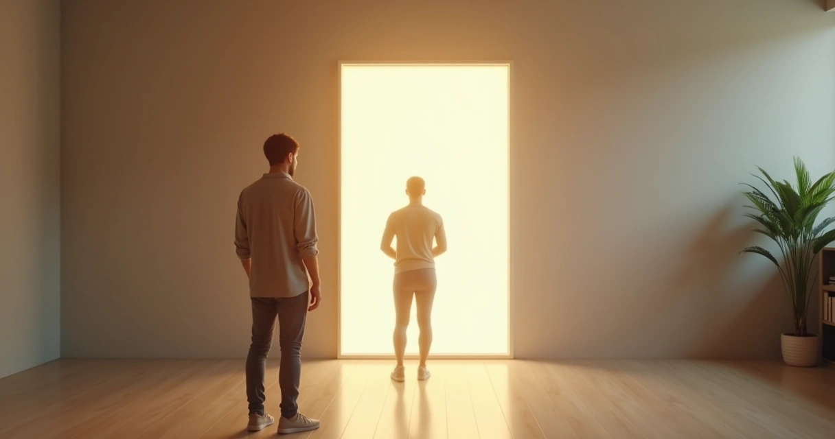 Persona frente a un espejo atravesando una puerta de luz 