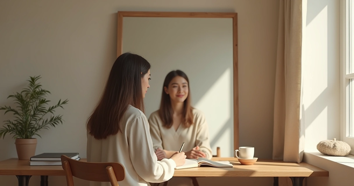 Persona mirando su reflejo en un espejo en un ambiente tranquilo 