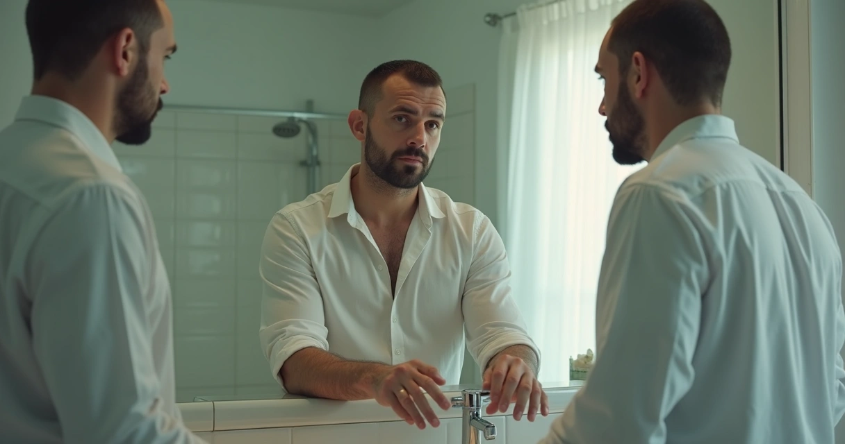 Hombre mirando su reflejo en el espejo con atención 