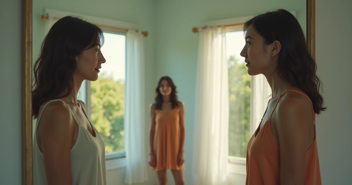 Persona mirándose en un espejo y viendo una versión transformada y segura de sí misma 