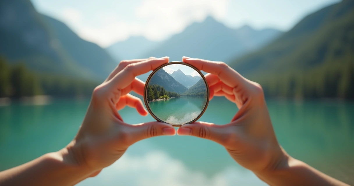 Manos sosteniendo un espejo redondo con un paisaje sereno reflejado.