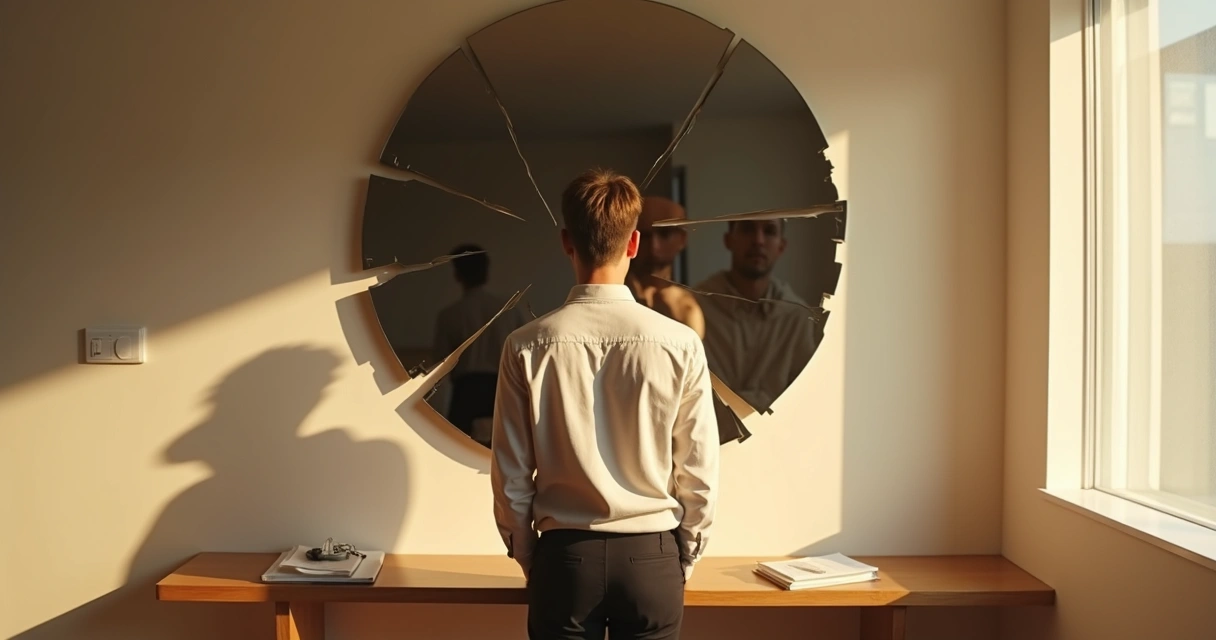 Persona observa su reflejo en un espejo fracturado con luces cálidas detrás 