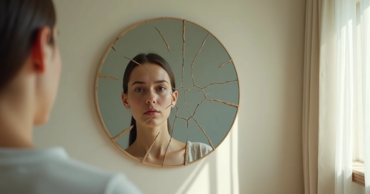 Rostro reflejado en espejo fragmentado con fondo claro 
