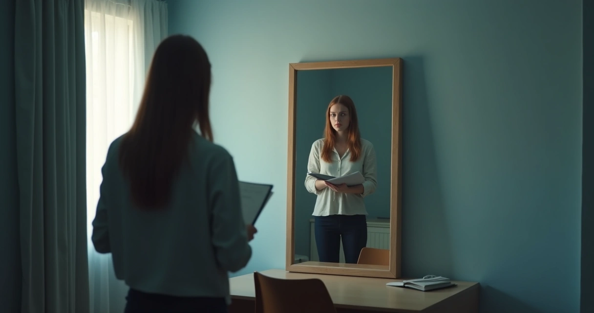 Persona frente a un espejo tomando notas en un momento de introspección 