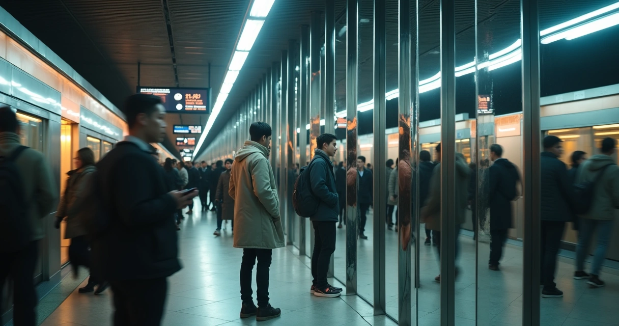 Persona rodeada de espejos con reflejos distintos bajo luces de ciudad 
