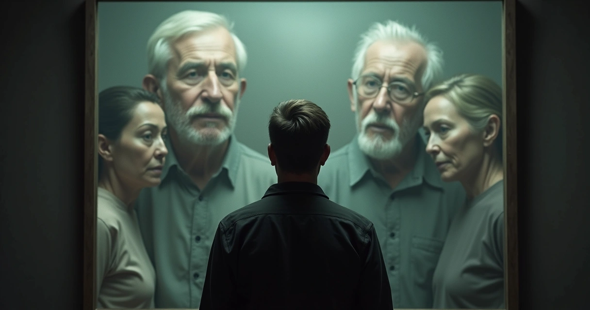 Hombre adulto mirando su reflejo en el espejo mostrando rostros de varios familiares superpuestos 