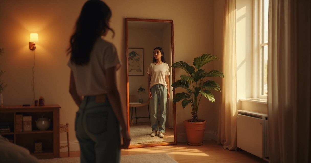 Persona mirando su reflejo en un espejo grande de pie 