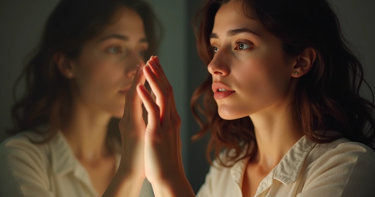 Persona mirando su reflejo en un espejo, pensativa