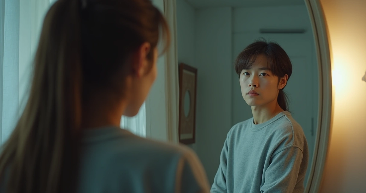 Persona frente a un espejo mirándose pensativamente 