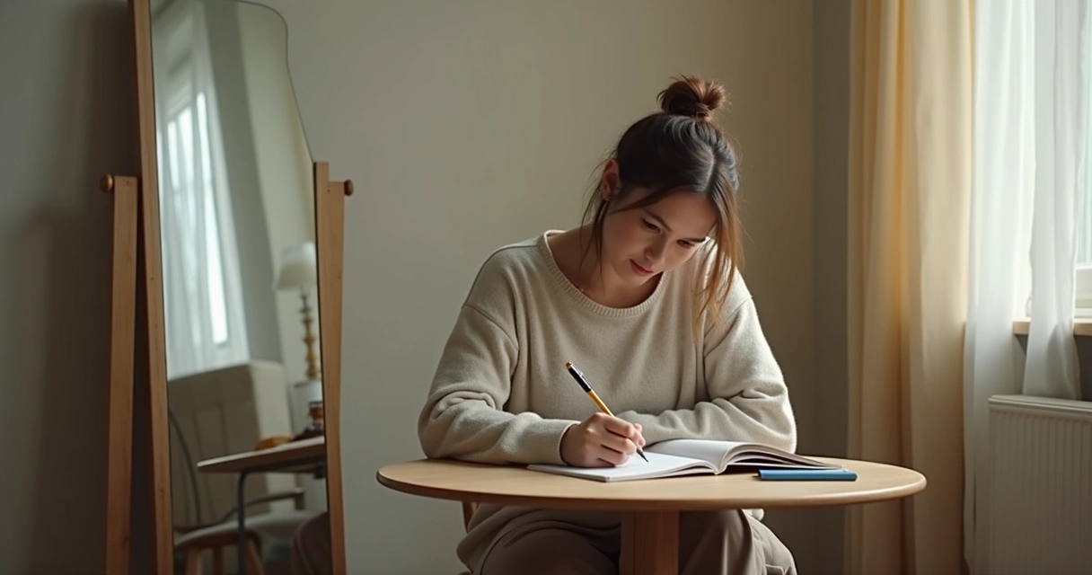 Persona frente a un espejo escribiendo notas de reflexión 