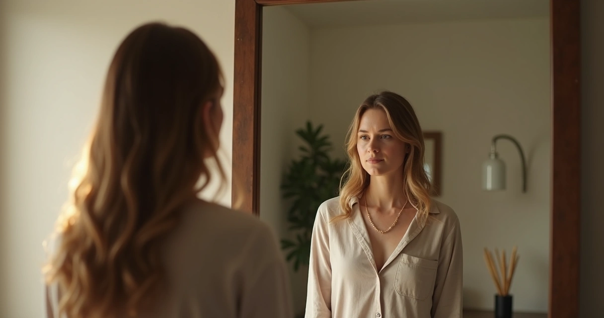 Mujer parada frente a un espejo, mirándose con expresión reflexiva en una habitación tranquila