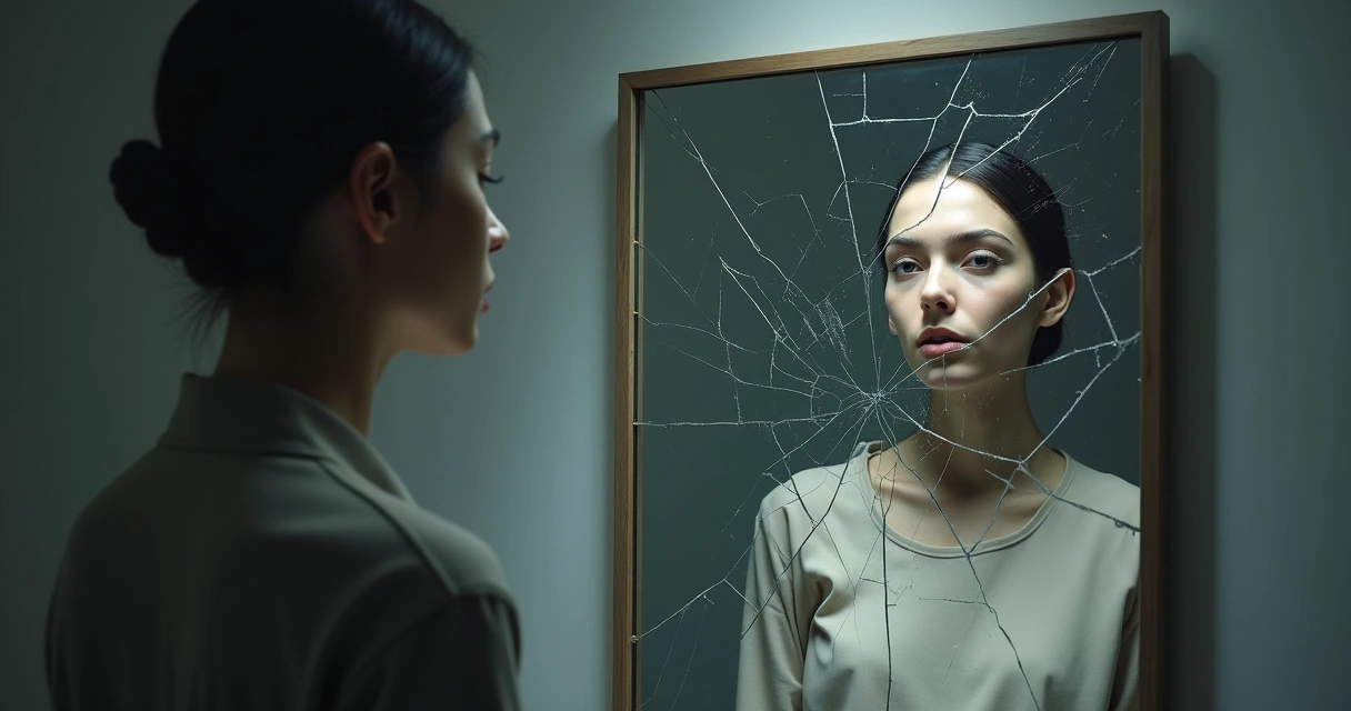 Persona frente a un espejo con su rostro fragmentado en múltiples reflejos 