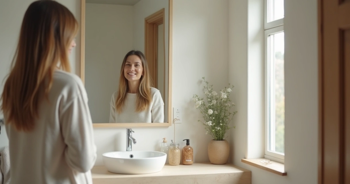 Persona frente al espejo con gesto de reflexión y leve sonrisa 