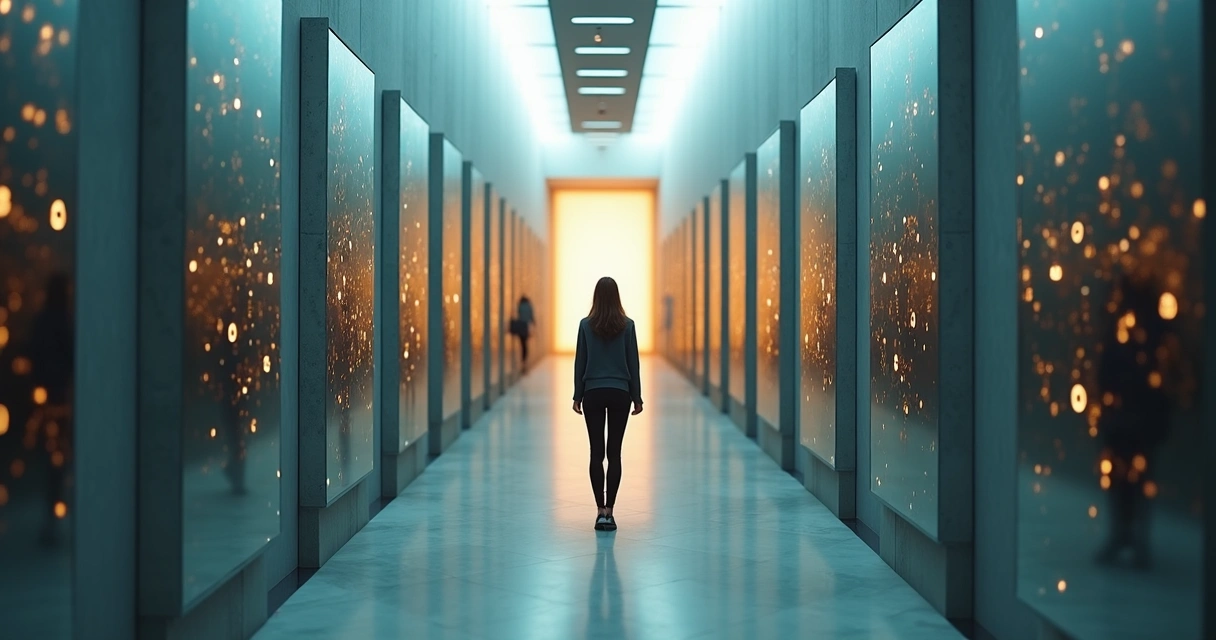 Una persona calma en una galería de espejos mirando su reflejo brillante interior 