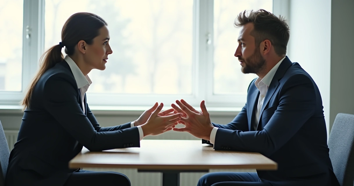 Dois executivos ajustando posturas durante reunião, demonstrando espelhamento positivo 