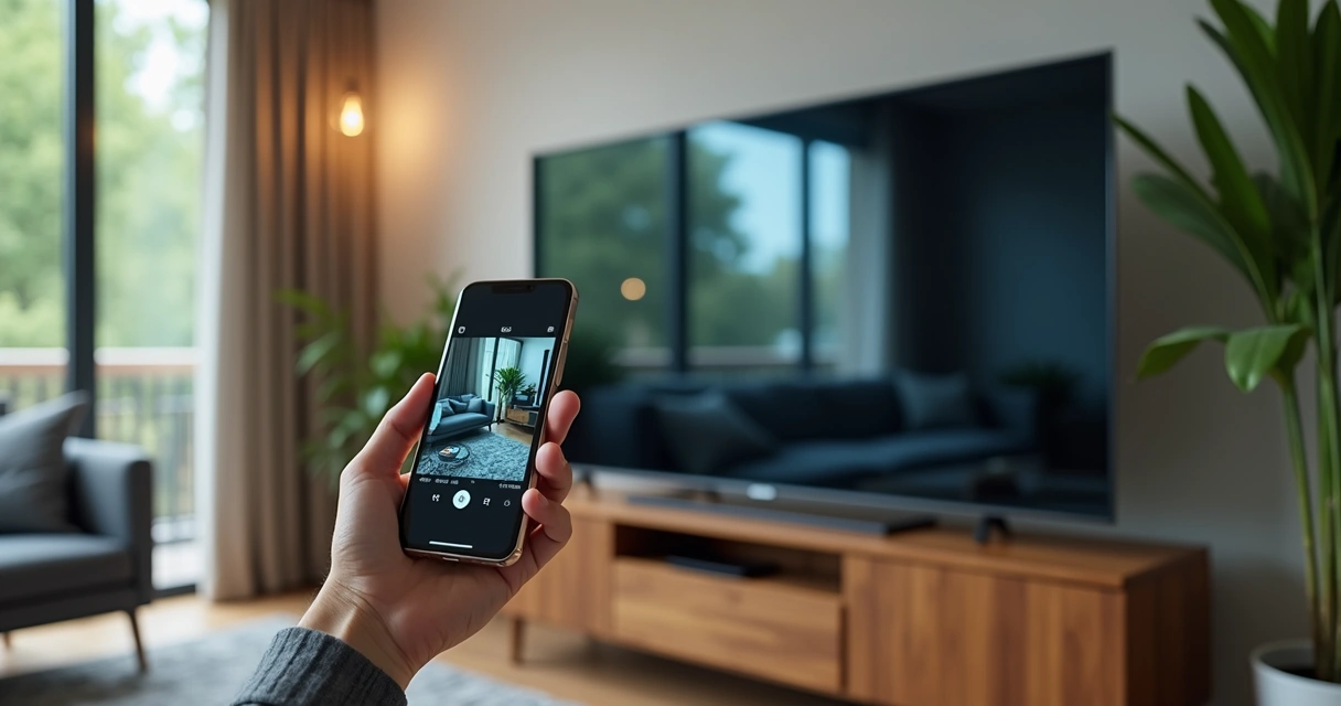 Tela de TV mostra conteúdo espelhado de smartphone com interface moderna 