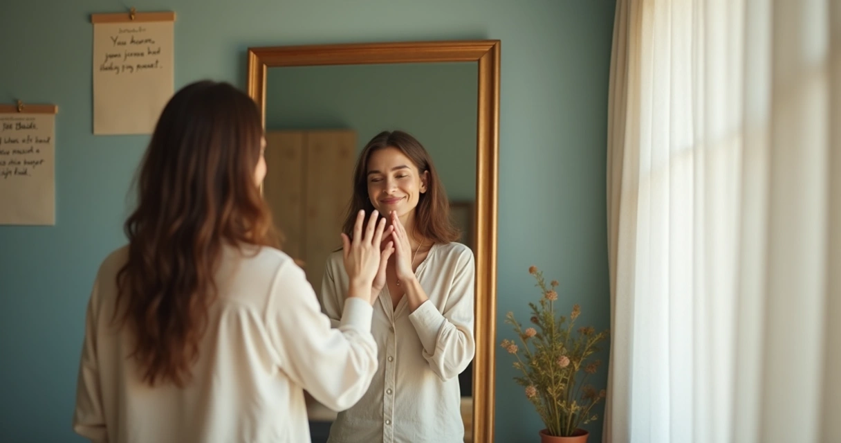 Pessoa olhando o próprio reflexo em espelho com expressão de aceitação 