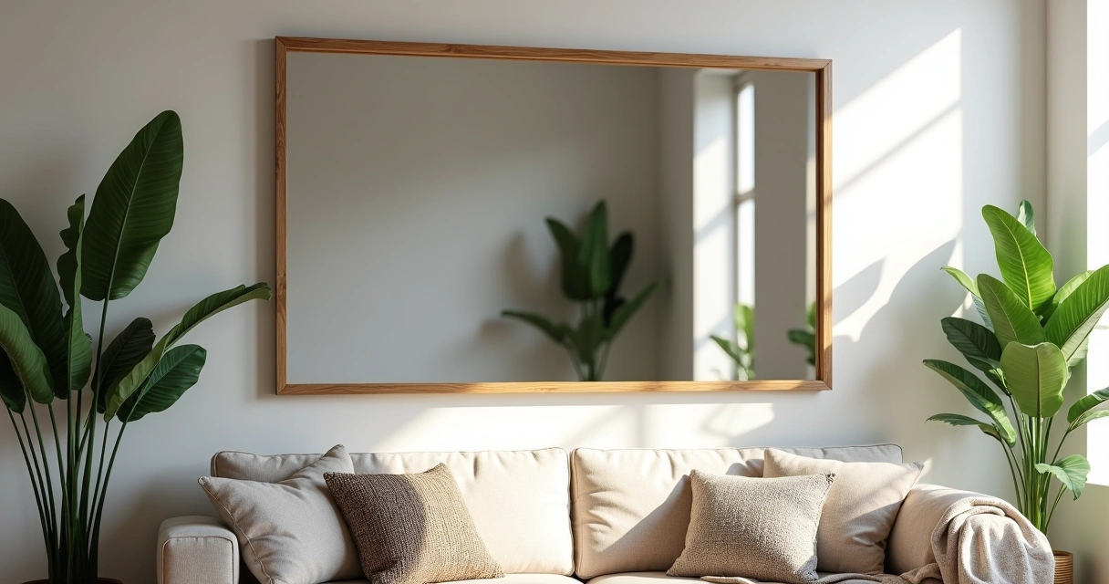 Espelho grande ampliando sala de estar moderna com plantas naturais 