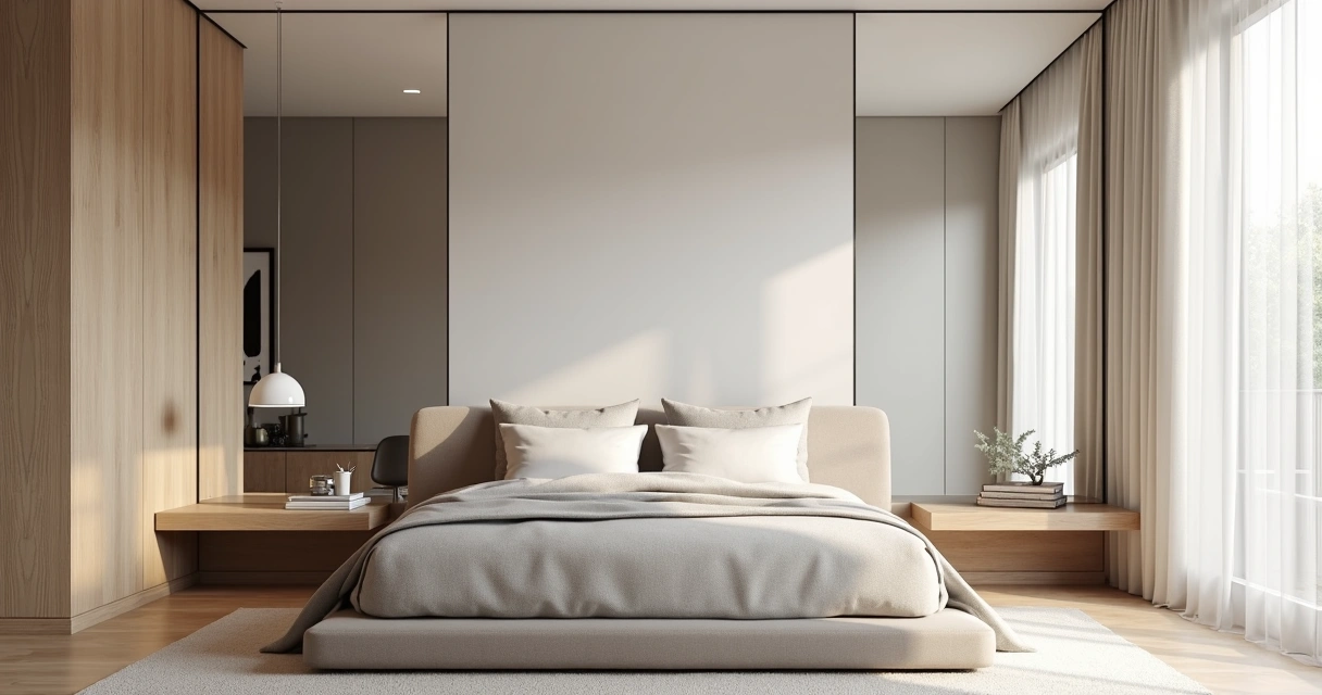 Espelho amplo na lateral de um quarto de casal pequeno 