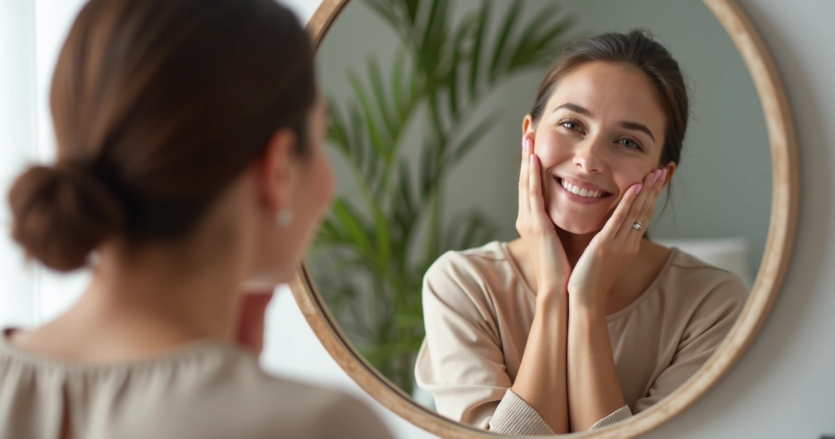 Paciente se olhando no espelho após procedimento facial 