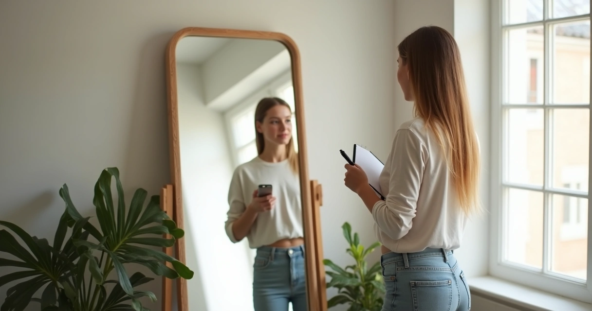 Pessoa refletida em espelho grande segurando uma caneta de anotações.