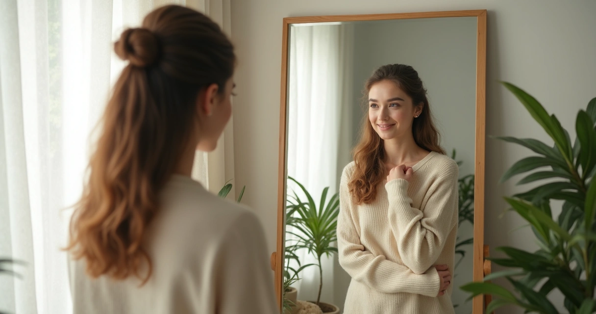 Pessoa olhando para si mesma em um espelho, refletindo um olhar tranquilo 
