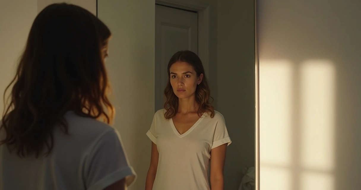 Pessoa olhando para si em um espelho com expressão séria, refletindo em ambiente neutro 