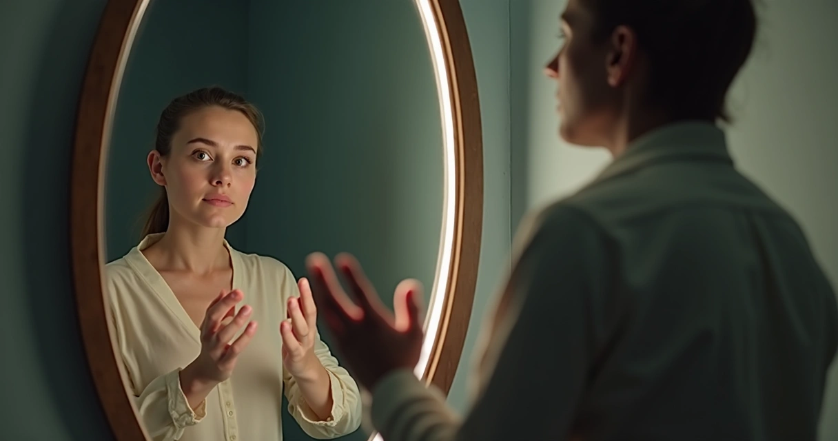 Pessoa adulta olhando para o próprio reflexo no espelho, com expressão contemplativa, sugerindo autoanálise e reflexão sobre padrões emocionais 