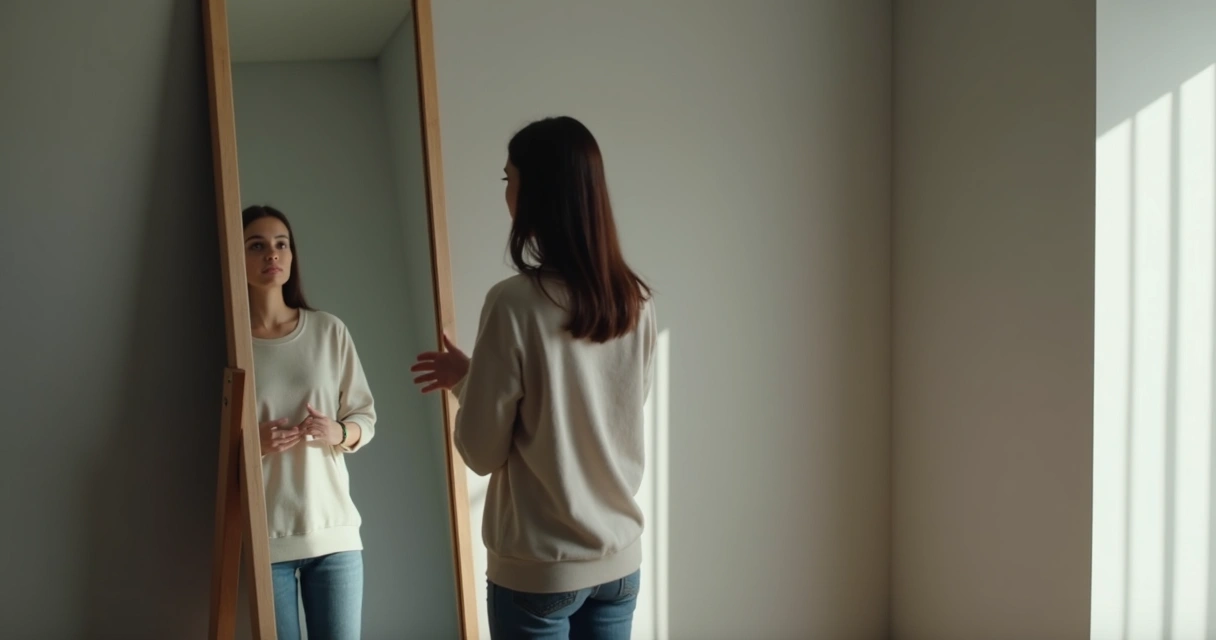 Pessoa observando o próprio reflexo com expressão de reflexão 