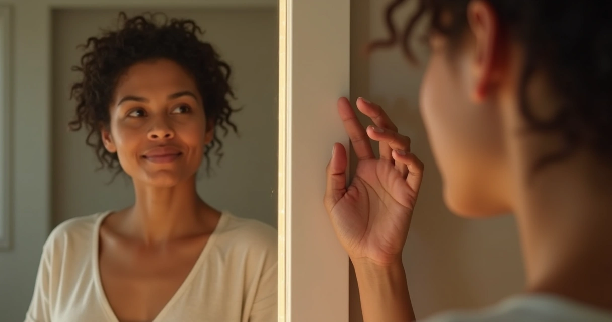 Pessoa olhando para seu reflexo no espelho, expressão calma 