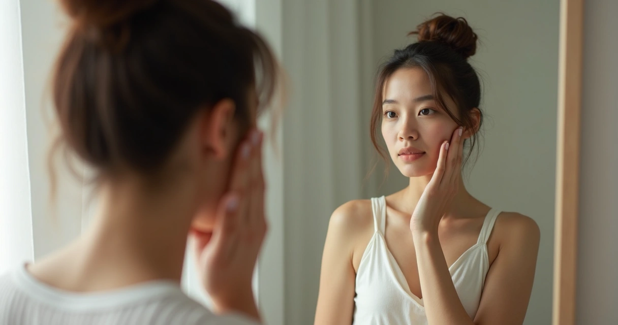 Pessoa olhando no espelho, tocando o próprio rosto, fundo neutro 