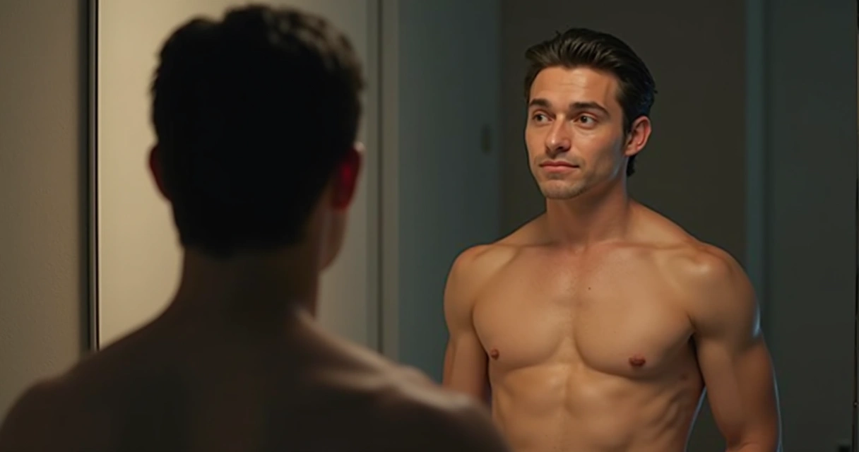 Pessoa em pé em frente ao espelho, observando sua própria expressão facial e postura. 