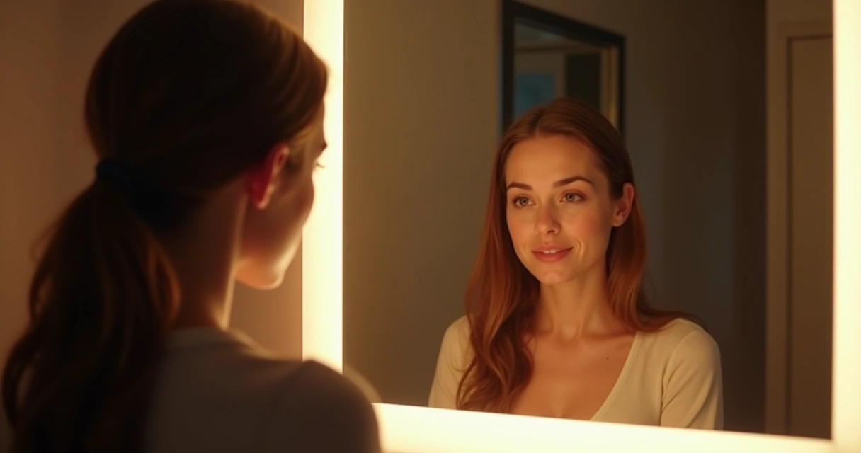 Pessoa olhando seu próprio reflexo em espelho em ambiente iluminado. 