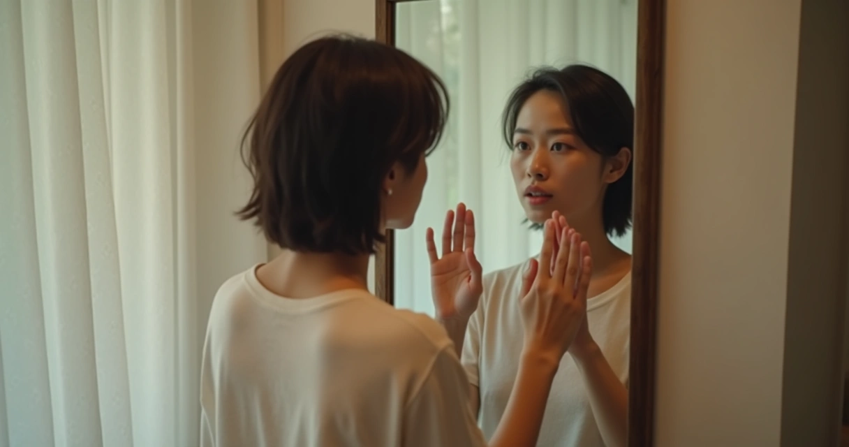 Pessoa em frente a um espelho contemplando o próprio reflexo.