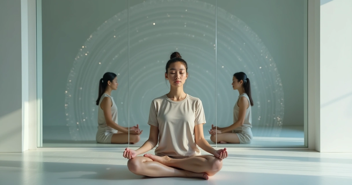 Pessoa meditando diante de espelho vendo múltiplas camadas de si mesma 