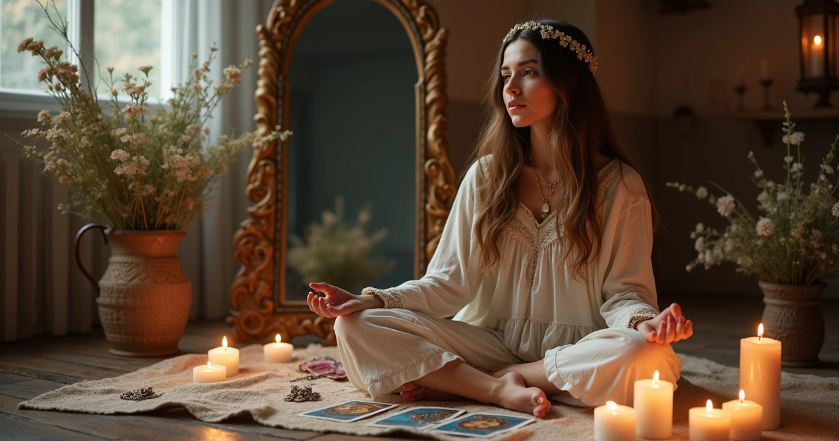 Mulher em ritual cigano olhando para um espelho decorado com velas e flores 