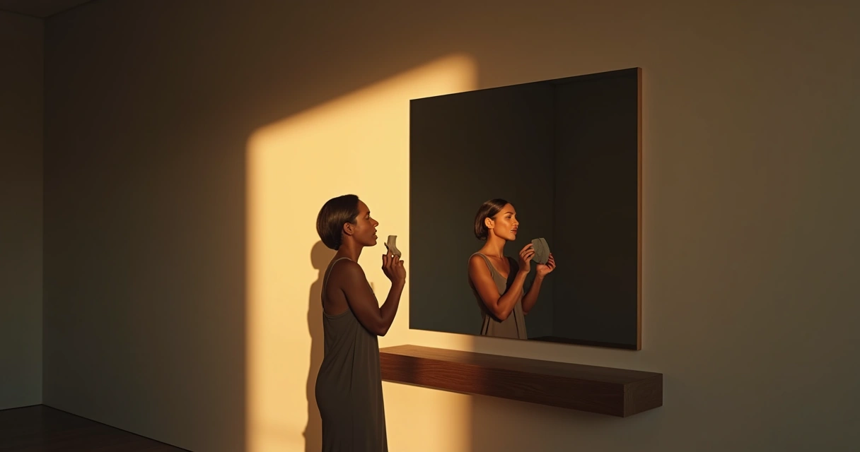 Pessoa removendo máscara diante de espelho iluminado por faixa de luz 