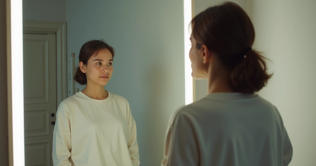 Pessoa olhando no espelho refletindo sobre sua própria verdade 