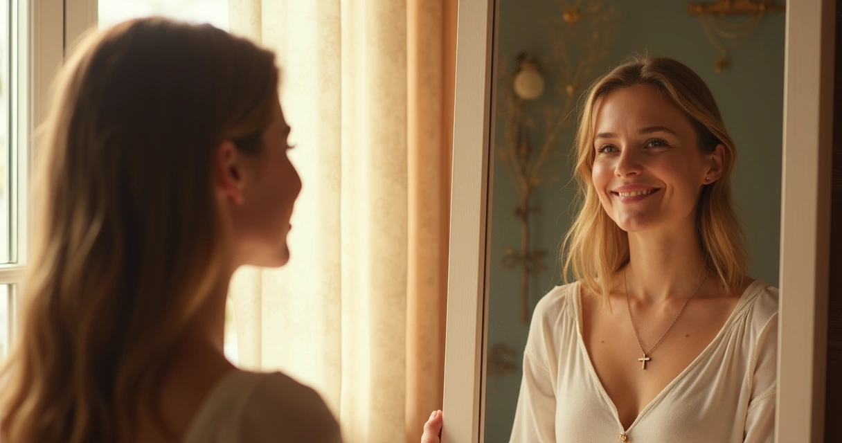 Mulher olhando para o espelho com expressão de paz 