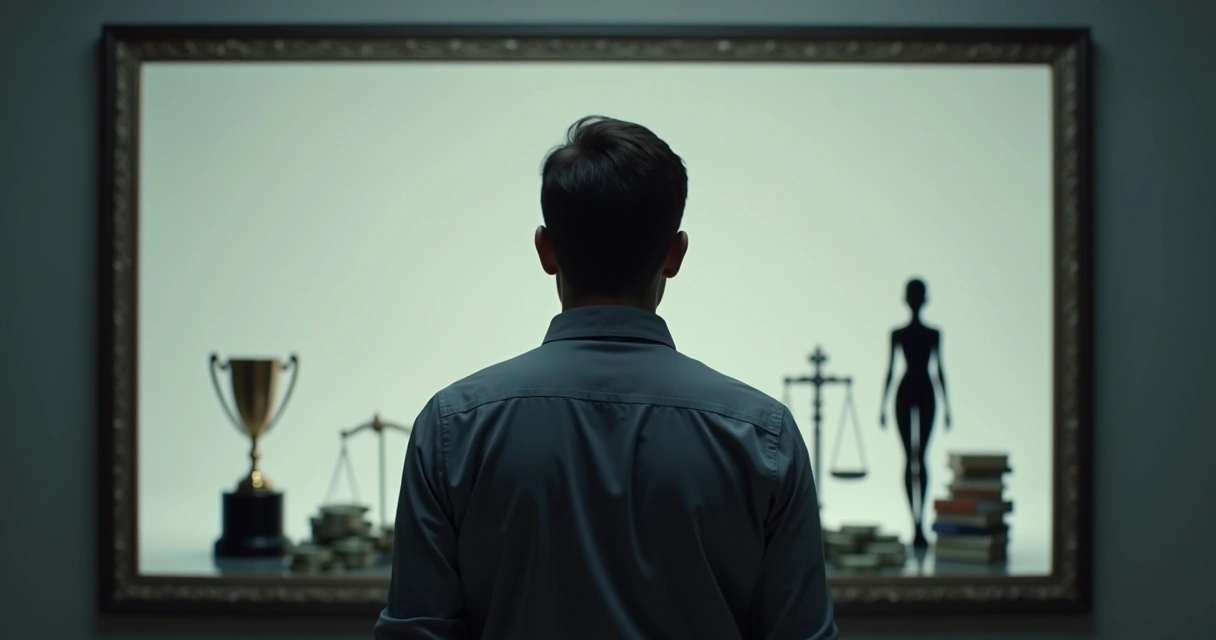 Pessoa olhando para o próprio reflexo no espelho, com símbolos sociais ao fundo