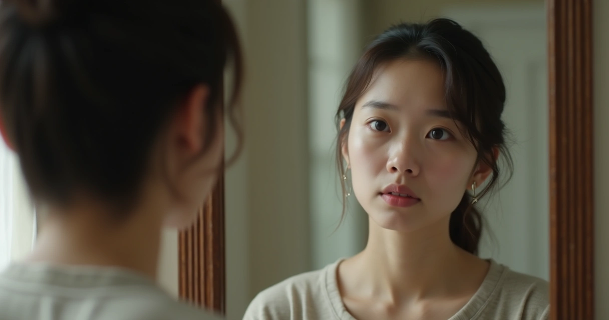 Pessoa olhando seu próprio reflexo em um espelho, pensativa 