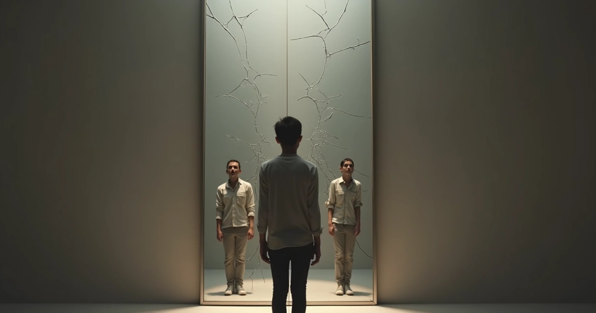 Pessoa diante de um espelho rachado vendo múltiplas versões de si mesma 