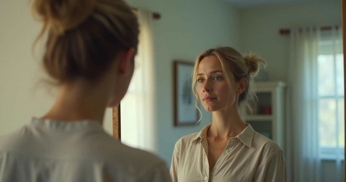 Pessoa olhando para espelho em ambiente neutro 