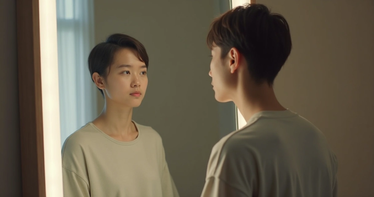 Pessoa olhando para seu reflexo em um espelho, expressão reflexiva 